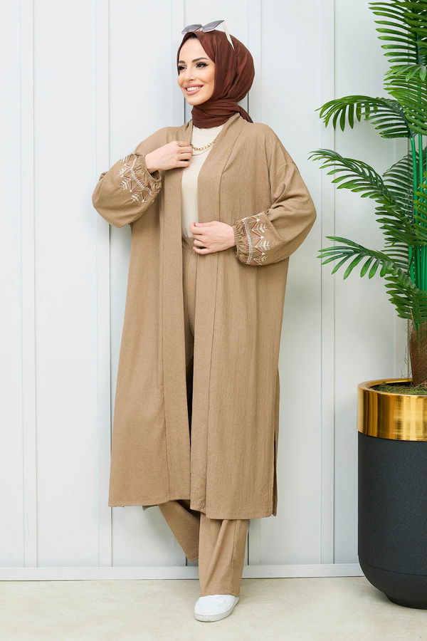 Düz Orta Kadın Vizon Kimono+Pantolon - 21988 VİZON