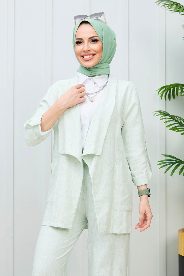 Düz Orta Kadın Yeşil Ceket+Pantolon - 21989 YEŞİL