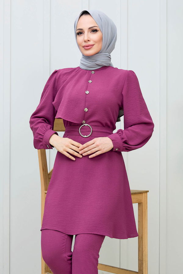 Düz Bisiklet Yaka Kadın Mürdüm Tunik Pantolon - 21993 MÜRDÜM