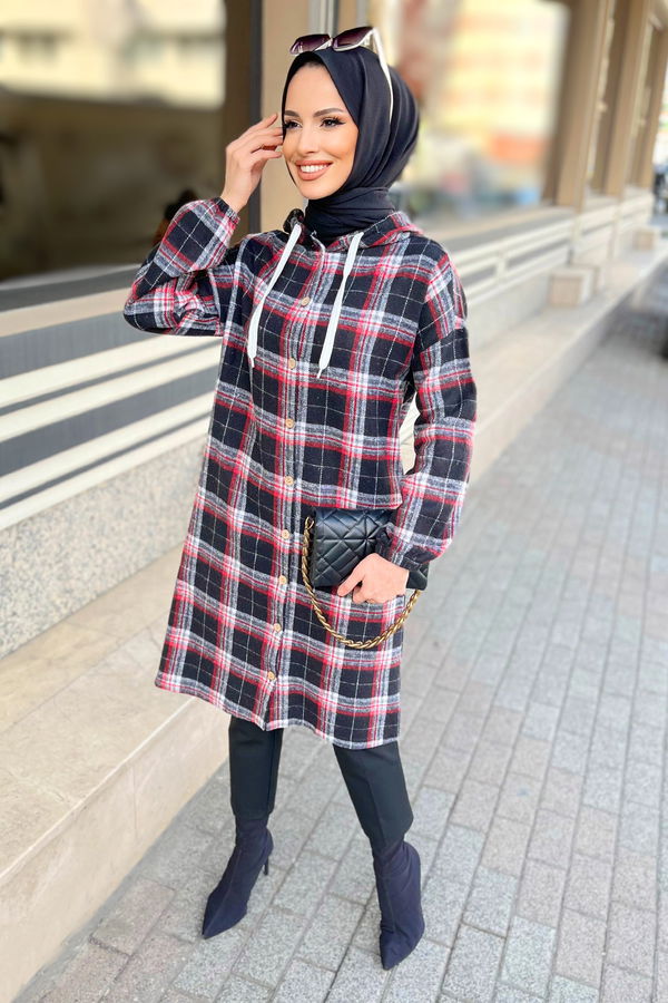 Düz Gömlek Yaka Kadın Kırmızı Tunik - 11349 Kırmızı