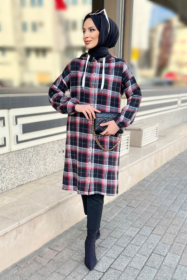 Düz Gömlek Yaka Kadın Kırmızı Tunik - 11349 Kırmızı