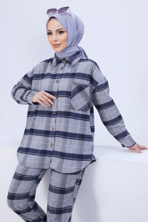 Düz Gömlek Yaka Kadın Gri Tunik Pantolon - 11344