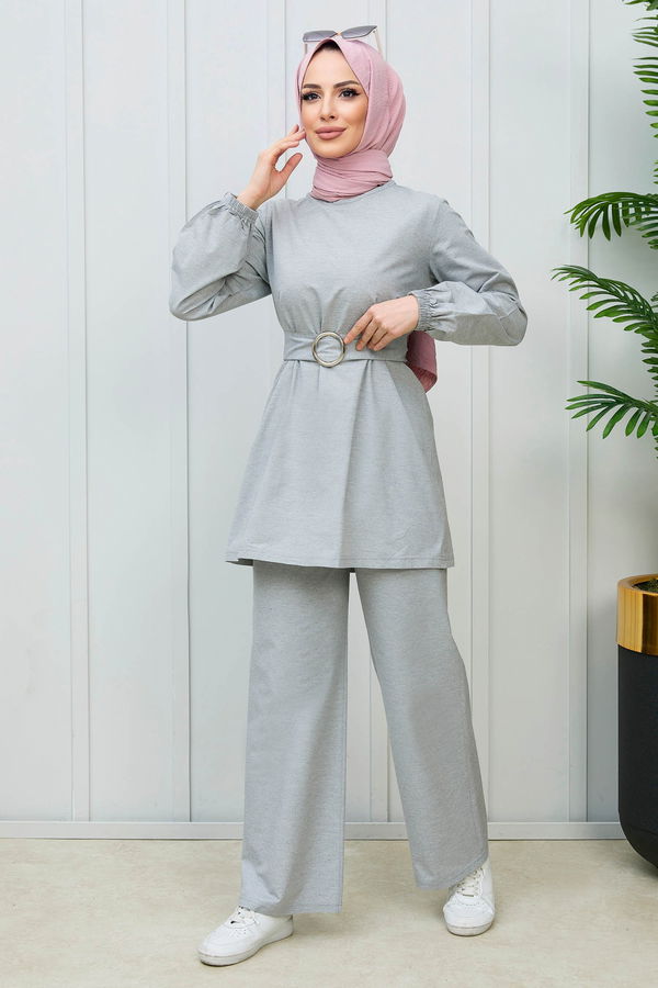 Düz Bisiklet Yaka Kadın Gri Tunik Pantolon - 11421 GRİ