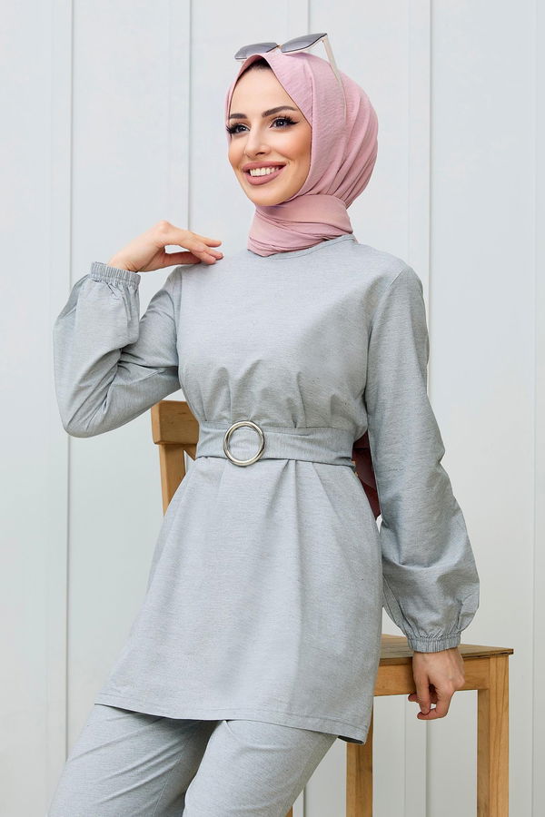 Düz Bisiklet Yaka Kadın Gri Tunik Pantolon - 11421 GRİ