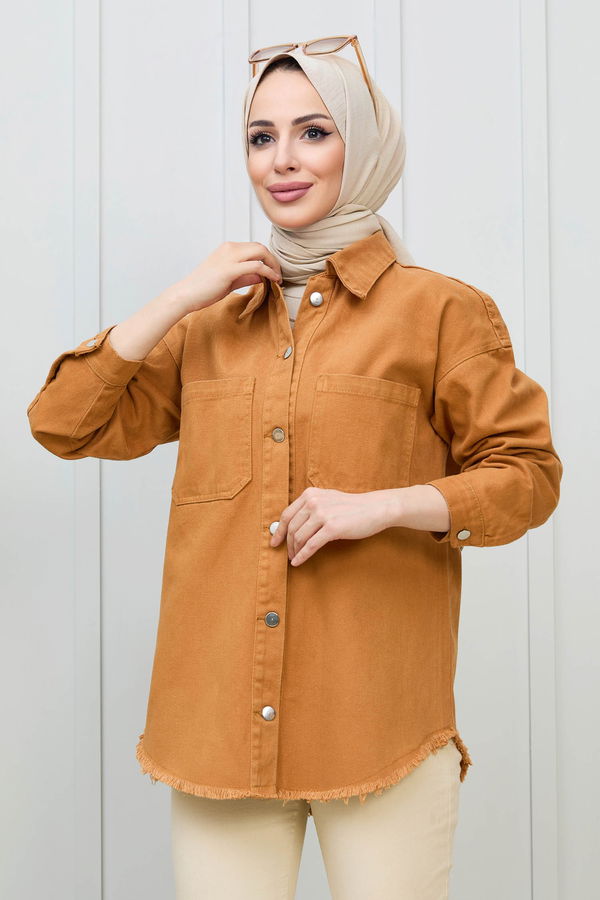 Düz Gömlek Yaka Kadın Taba Gabardin Gömlek - 11395 TABA