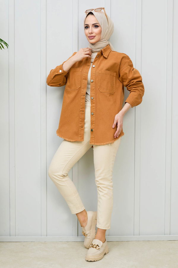 Düz Gömlek Yaka Kadın Taba Gabardin Gömlek - 11395 TABA