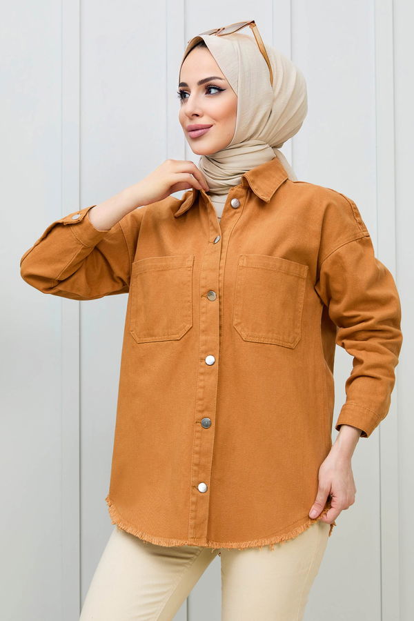 Düz Gömlek Yaka Kadın Taba Gabardin Gömlek - 11395 TABA