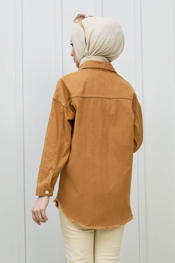 Düz Gömlek Yaka Kadın Taba Gabardin Gömlek - 11395 TABA