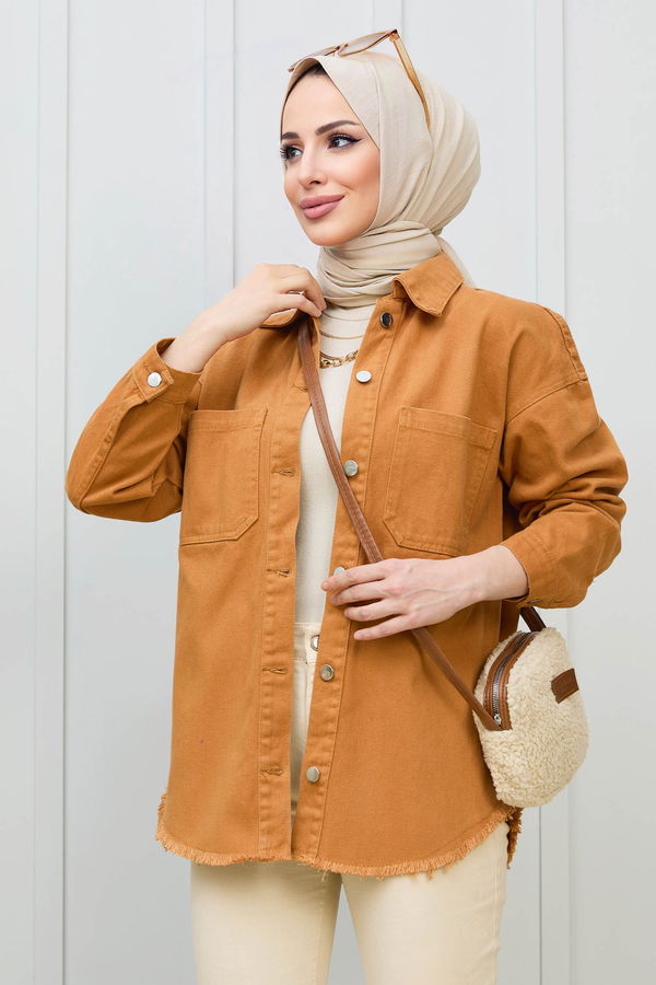Düz Gömlek Yaka Kadın Taba Gabardin Gömlek - 11395 TABA