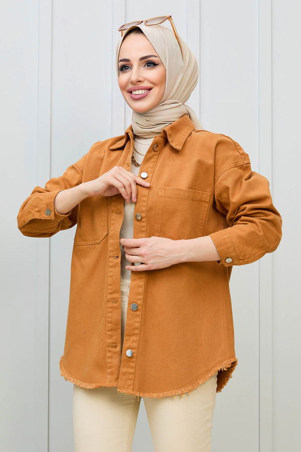 Düz Gömlek Yaka Kadın Taba Gabardin Gömlek - 11395 TABA