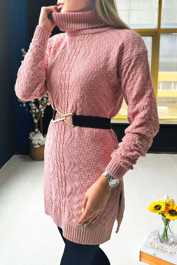 Düz Balıkcı Yaka Kadın Pembe Triko Kazak - 21923 PEMBE