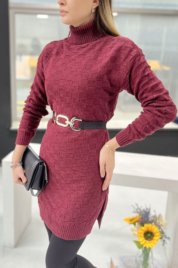 Düz Balıkcı Yaka Kadın Bordo Triko Kazak - 21928 BORDO