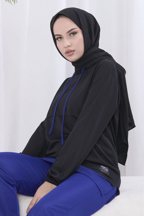 Düz Kapşonlu Yaka Kadın Mavi Tunik Pantolon - 11426 MAVİ