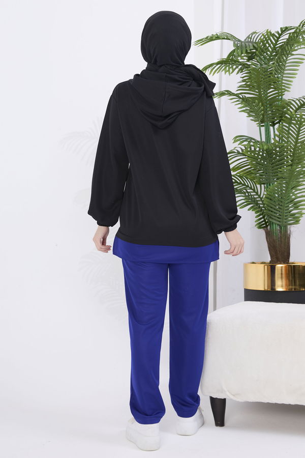 Düz Kapşonlu Yaka Kadın Mavi Tunik Pantolon - 11426 MAVİ