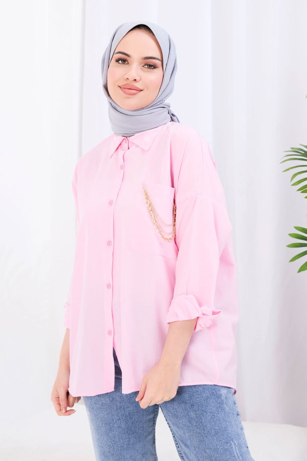 Düz Gömlek Yaka Kadın Pembe Gömlek - 22052 PEMBE