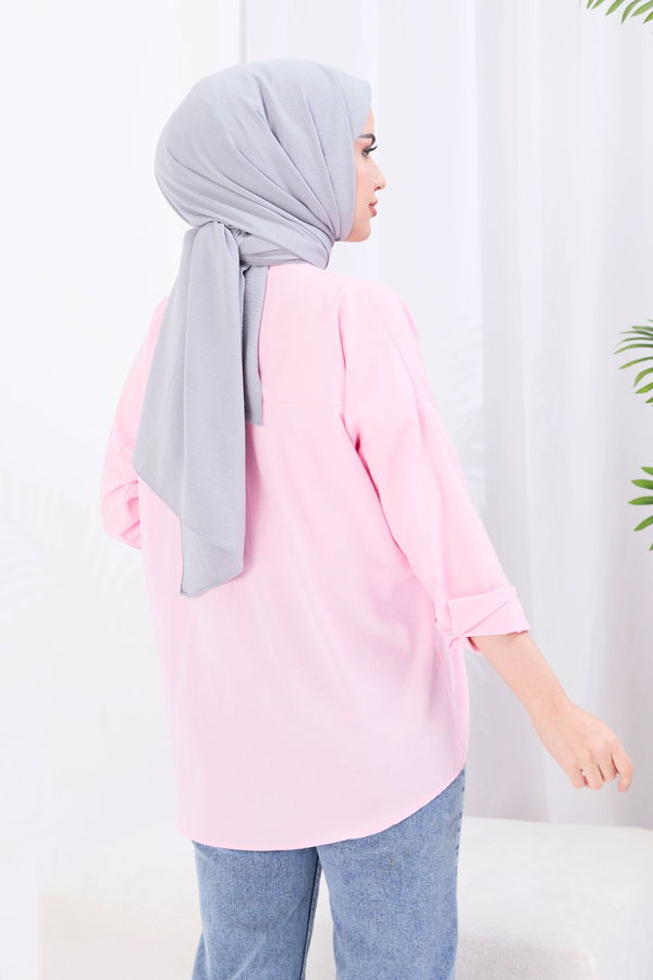 Düz Gömlek Yaka Kadın Pembe Gömlek - 22052 PEMBE