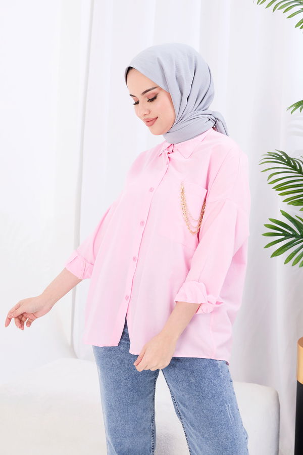 Düz Gömlek Yaka Kadın Pembe Gömlek - 22052 PEMBE