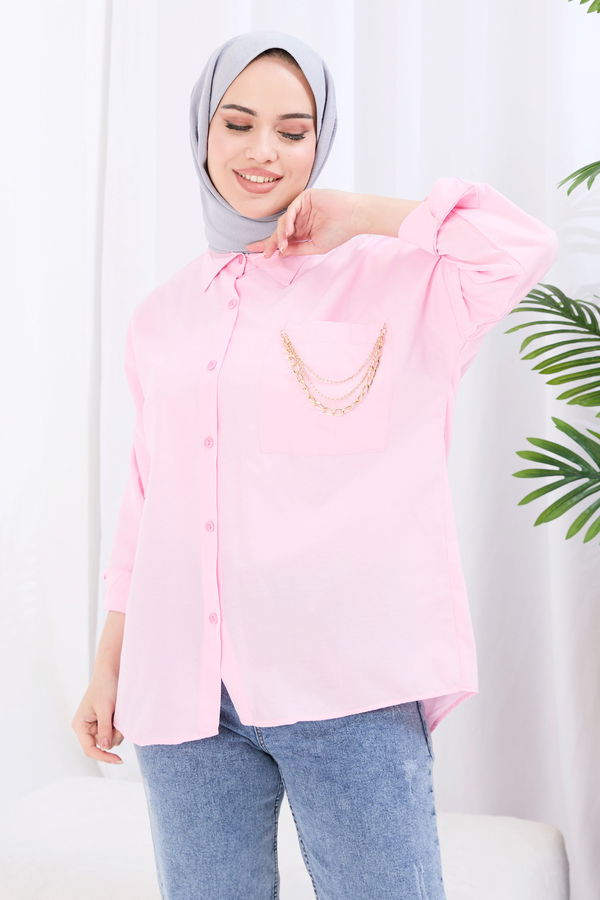 Düz Gömlek Yaka Kadın Pembe Gömlek - 22052 PEMBE
