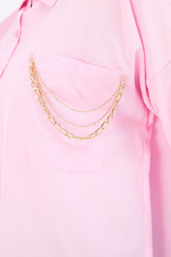Düz Gömlek Yaka Kadın Pembe Gömlek - 22052 PEMBE