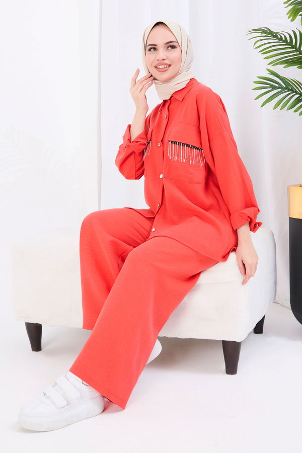 Düz Gömlek Yaka Kadın Kiremit Tunik+Pantolon - 22054