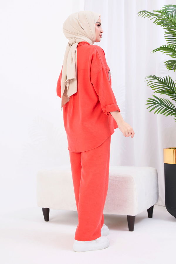 Düz Gömlek Yaka Kadın Kiremit Tunik+Pantolon - 22054