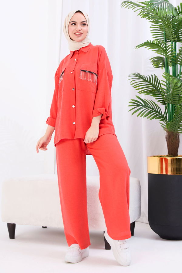 Düz Gömlek Yaka Kadın Kiremit Tunik+Pantolon - 22054