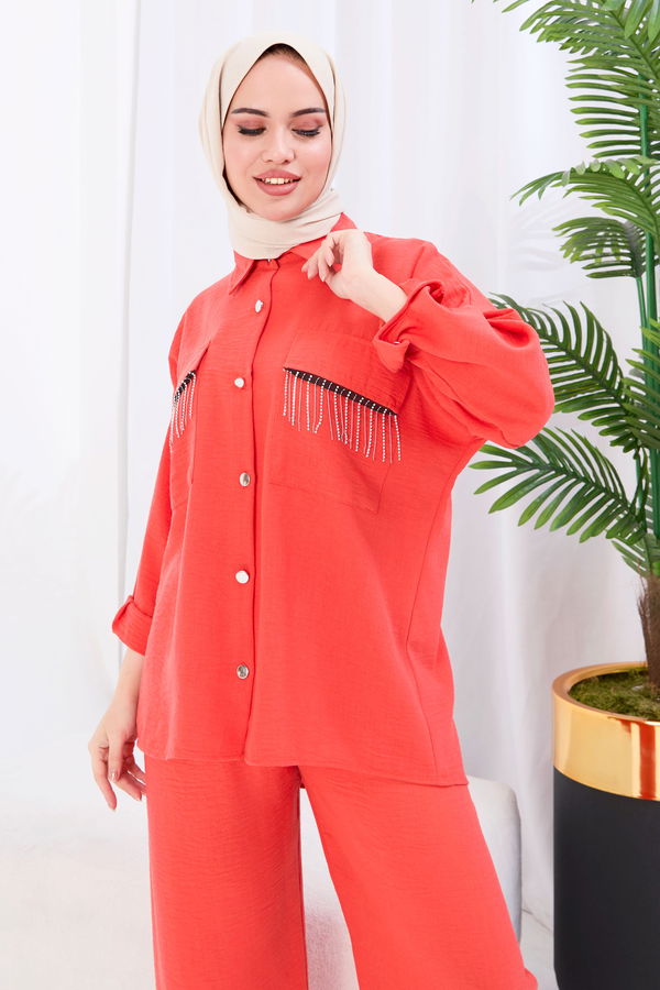 Düz Gömlek Yaka Kadın Kiremit Tunik+Pantolon - 22054
