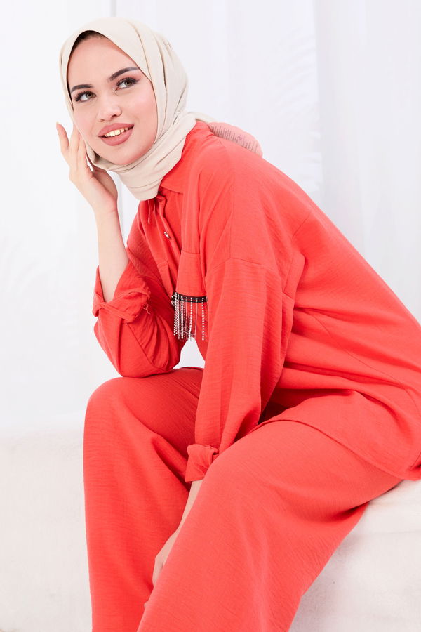 Düz Gömlek Yaka Kadın Kiremit Tunik+Pantolon - 22054