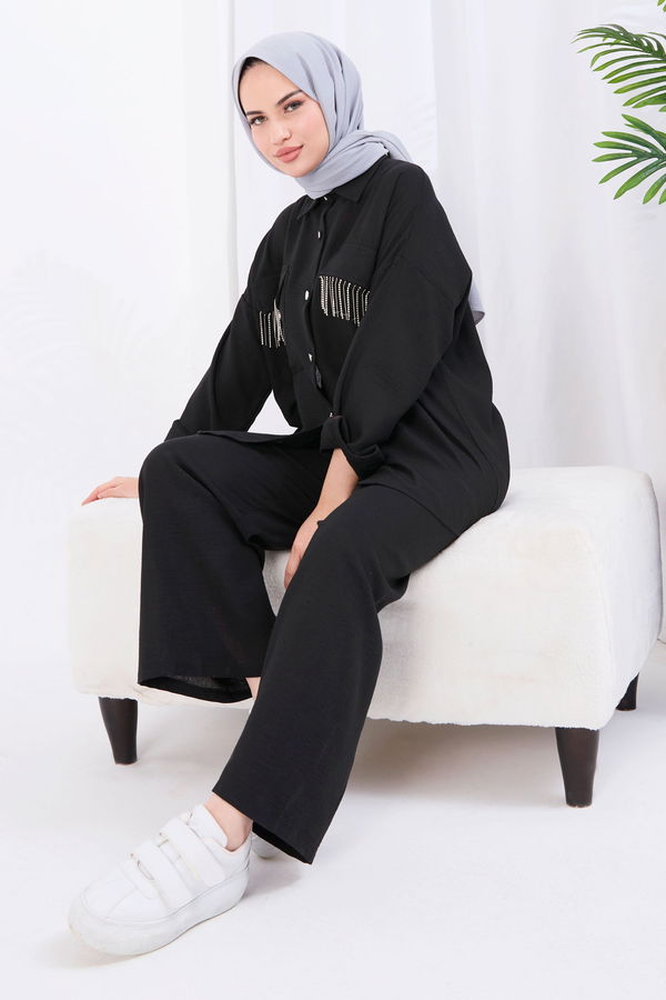 Düz Gömlek Yaka Kadın Siyah Tunik+Pantolon - 22054
