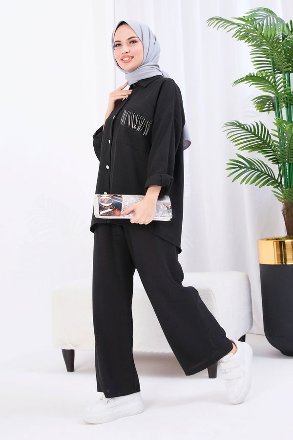 Düz Gömlek Yaka Kadın Siyah Tunik+Pantolon - 22054