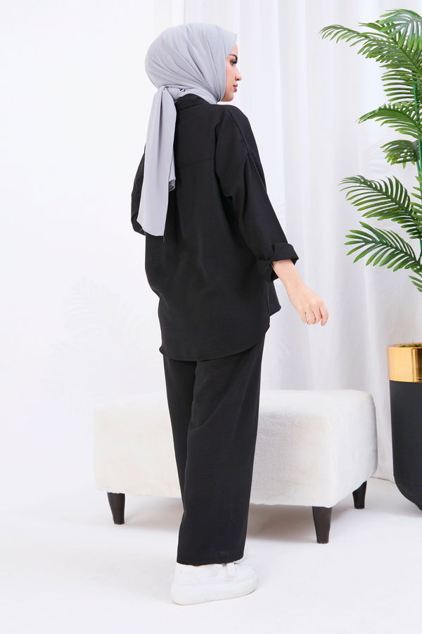 Düz Gömlek Yaka Kadın Siyah Tunik+Pantolon - 22054