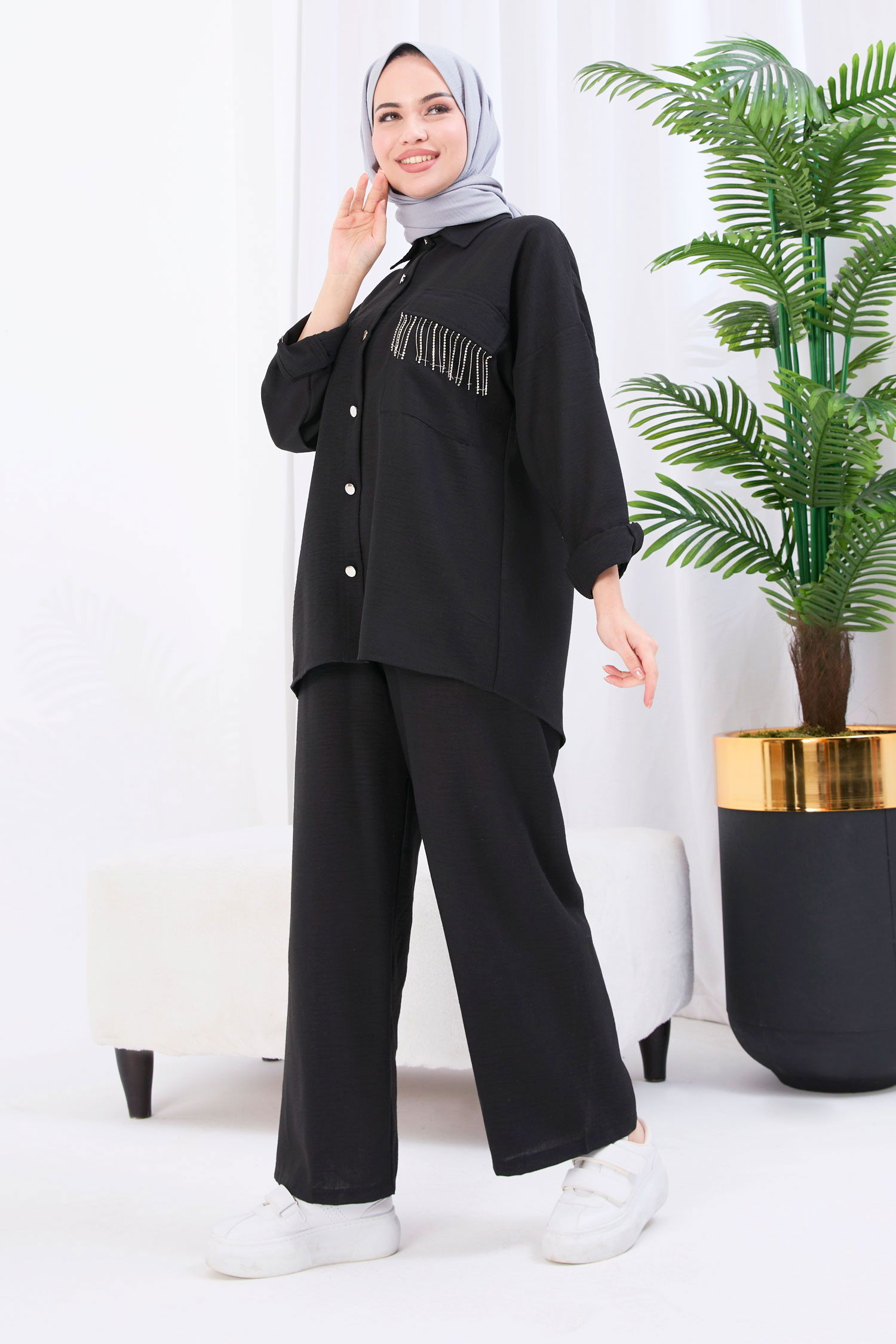 Düz Gömlek Yaka Kadın Siyah Tunik+Pantolon - 22054