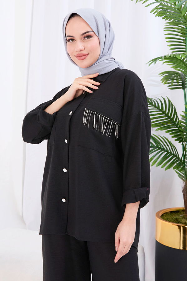 Düz Gömlek Yaka Kadın Siyah Tunik+Pantolon - 22054