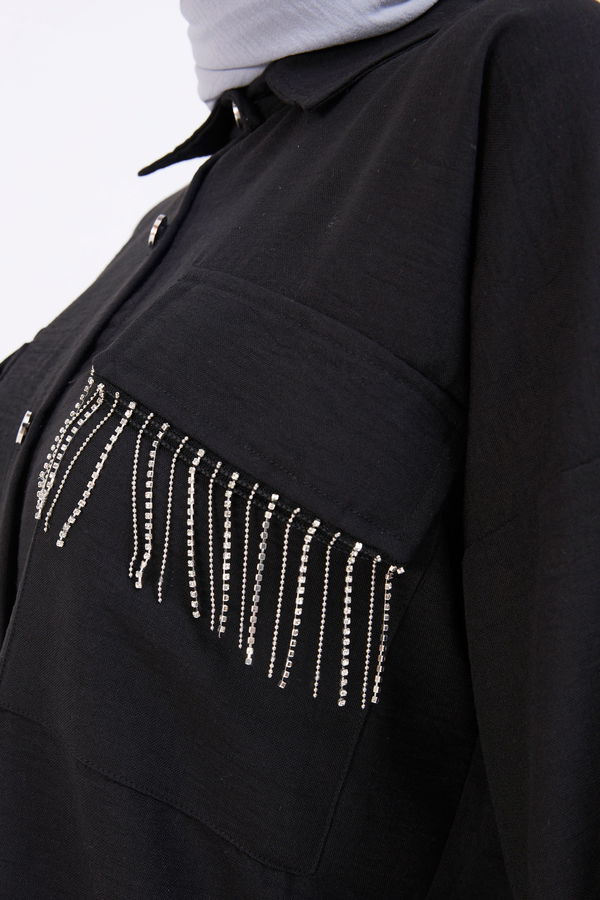 Düz Gömlek Yaka Kadın Siyah Tunik+Pantolon - 22054