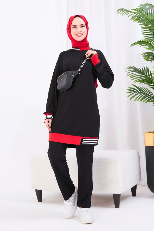Düz Bisiklet Yaka Kadın Siyah Tunik+Pantolon - 22066 SİYAH