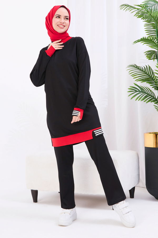 Düz Bisiklet Yaka Kadın Siyah Tunik+Pantolon - 22066 SİYAH