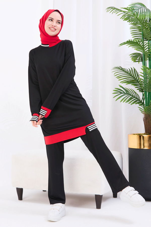 Düz Bisiklet Yaka Kadın Siyah Tunik+Pantolon - 22066 SİYAH
