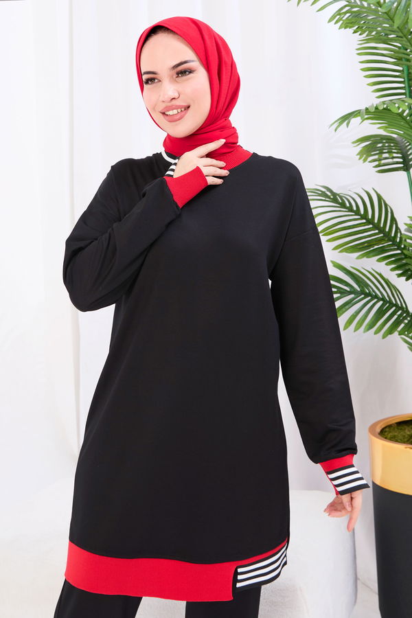 Düz Bisiklet Yaka Kadın Siyah Tunik+Pantolon - 22066 SİYAH