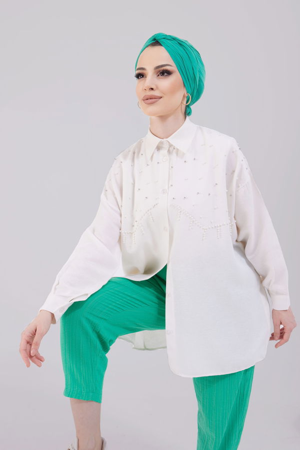 Düz Gömlek Yaka Kadın Ekru Gömlek - 22029 EKRU