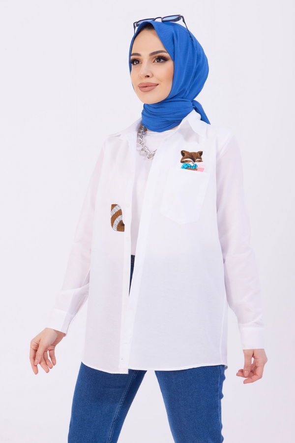 Düz Gömlek Yaka Kadın Beyaz Gömlek - 11416