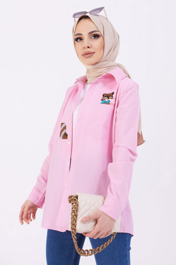 Düz Gömlek Yaka Kadın Pembe Gömlek - 11416
