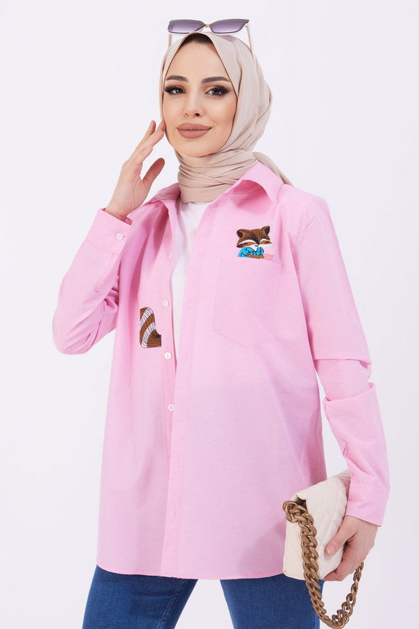 Düz Gömlek Yaka Kadın Pembe Gömlek - 11416