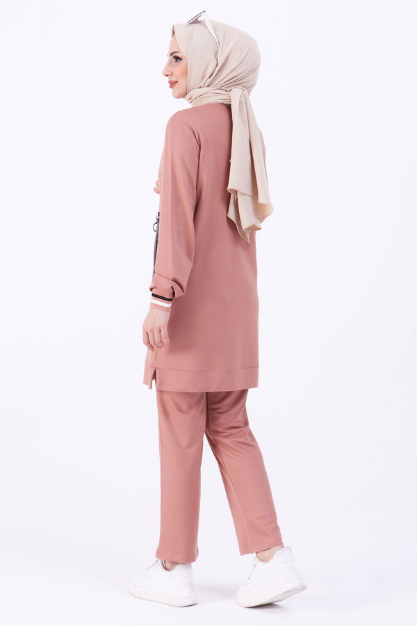 Düz Bisiklet Yaka Kadın Pembe Tunik+Pantolon - 22068 PEMBE