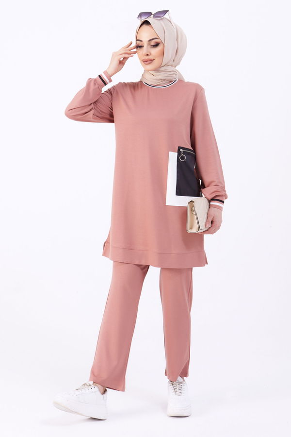 Düz Bisiklet Yaka Kadın Pembe Tunik+Pantolon - 22068 PEMBE