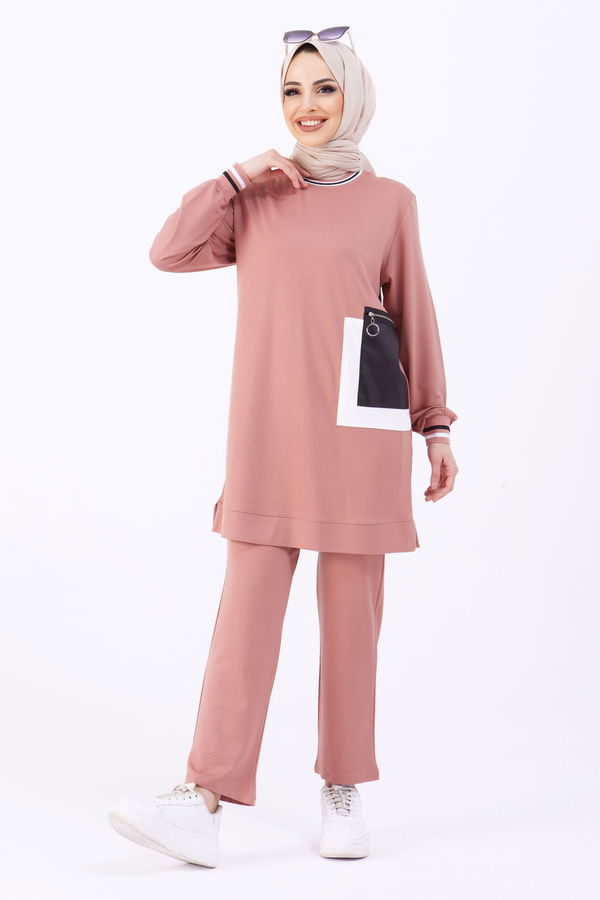 Düz Bisiklet Yaka Kadın Pembe Tunik+Pantolon - 22068 PEMBE