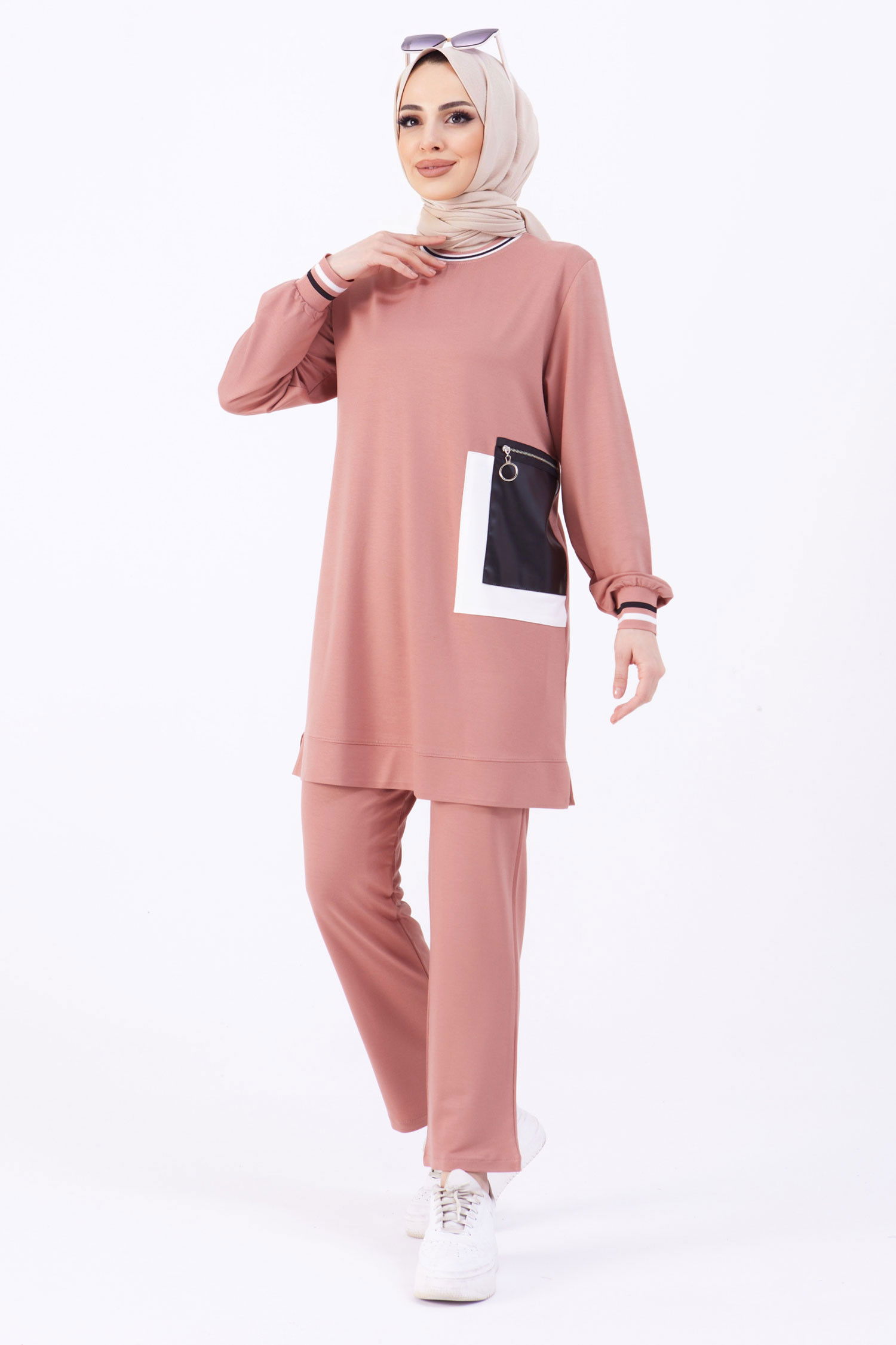 Düz Bisiklet Yaka Kadın Pembe Tunik+Pantolon - 22068 PEMBE