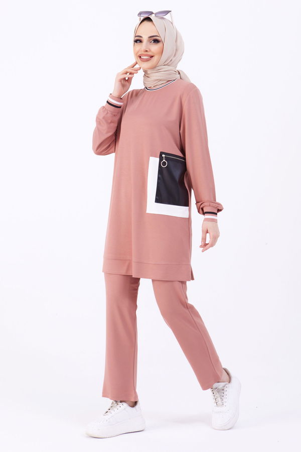 Düz Bisiklet Yaka Kadın Pembe Tunik+Pantolon - 22068 PEMBE