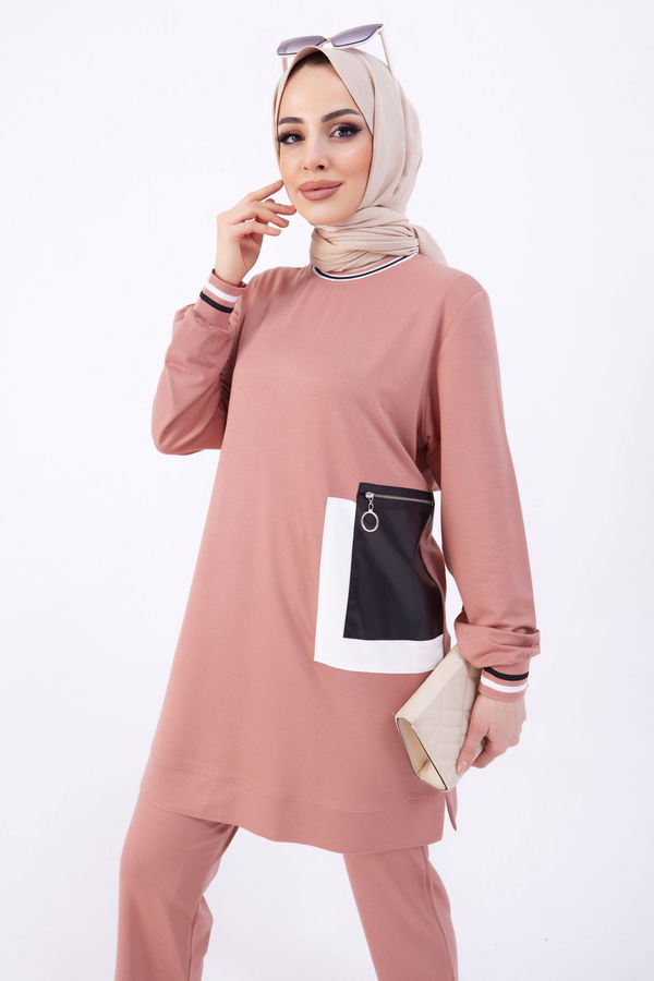 Düz Bisiklet Yaka Kadın Pembe Tunik+Pantolon - 22068 PEMBE