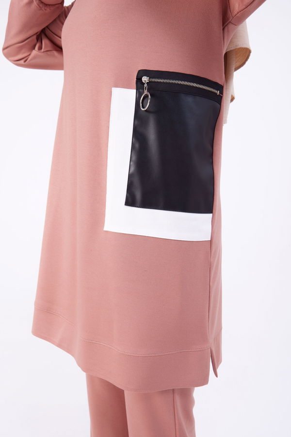 Düz Bisiklet Yaka Kadın Pembe Tunik+Pantolon - 22068 PEMBE