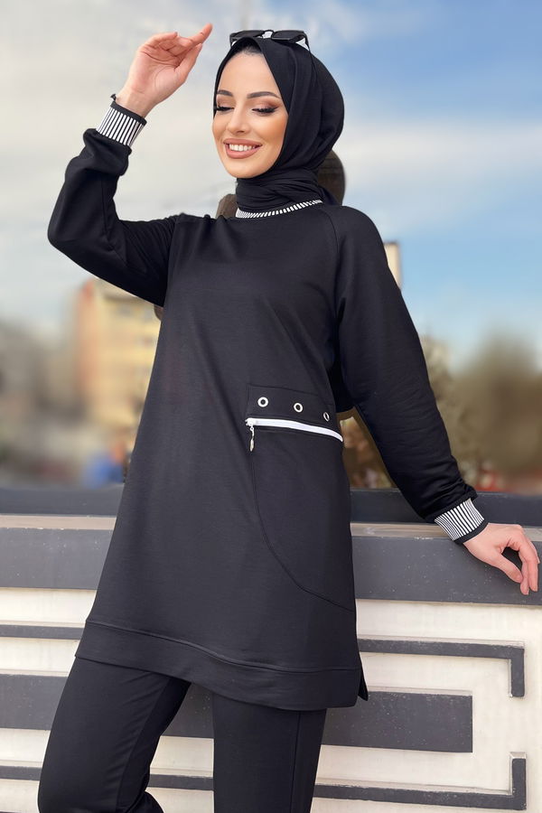 Düz Bisiklet Yaka Kadın Siyah Tunik+Pantolon - 22065 SİYAH